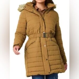 a.n.a Brown Quilted Puffer Jacket with Faux Fur Hood
